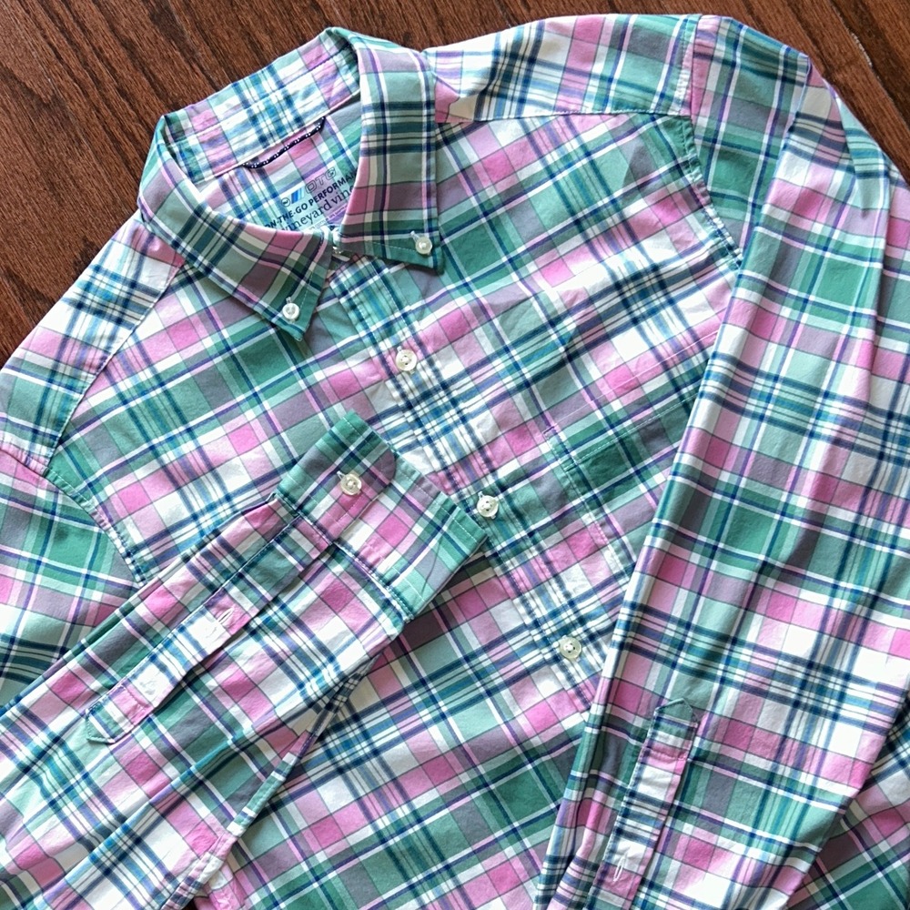 Vineyard Vines On-The-Go Performance Plaid Shirt Pink Green 1W011478 Mens Small